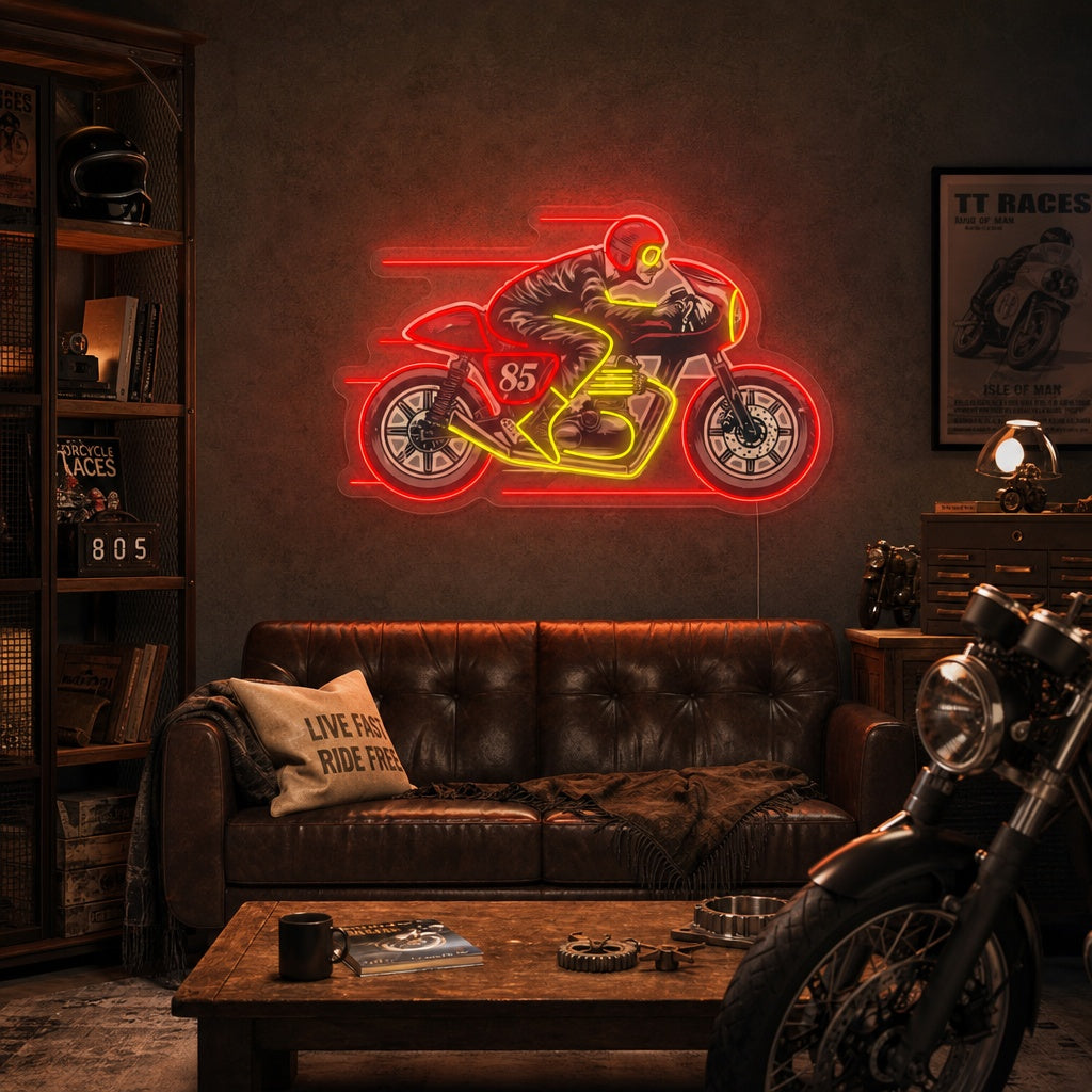 "Man Riding Old Cafe Racer Motorcycle" Neon Sign
