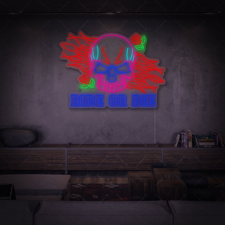"Ride Or Die Lettering And Skull" Neon Sign
