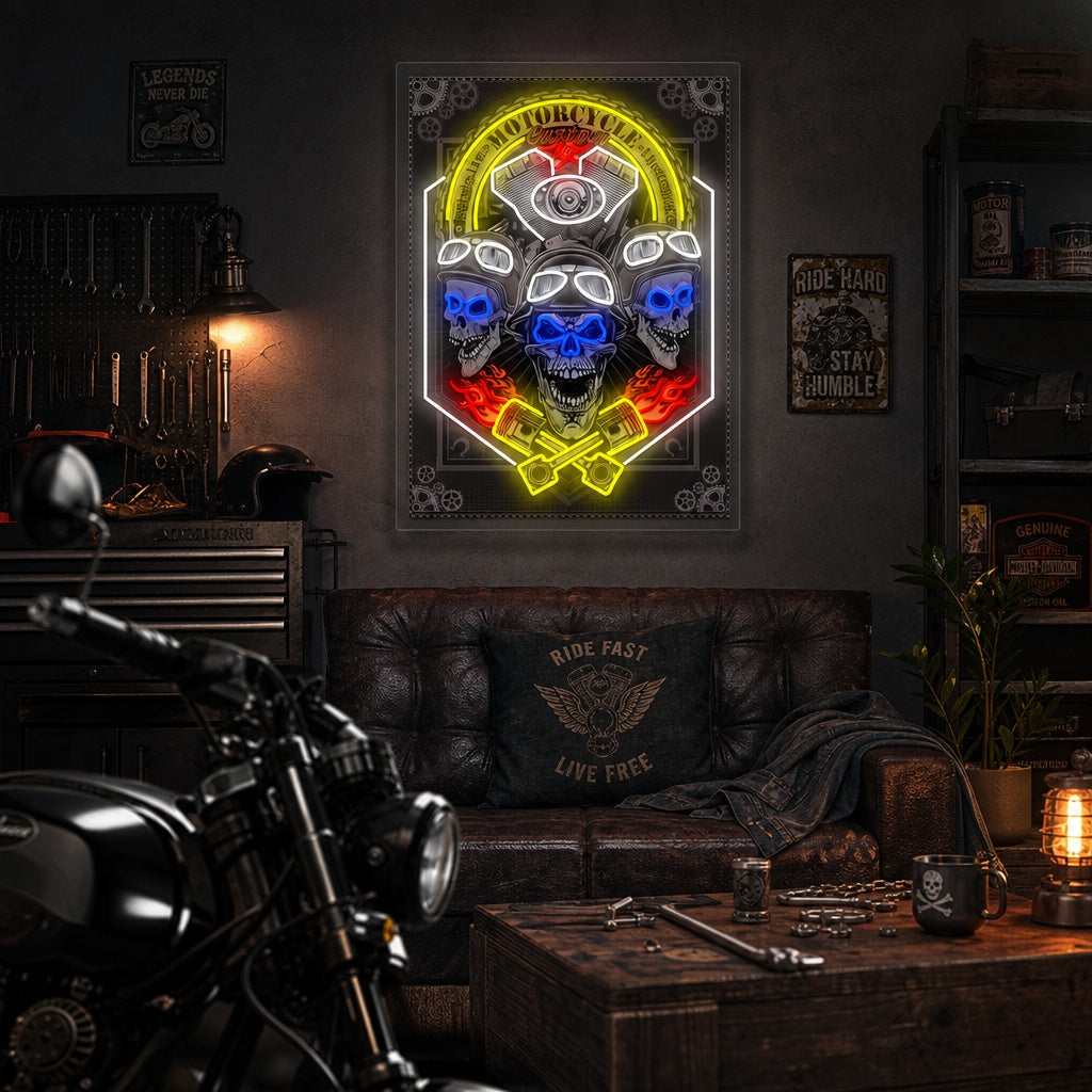 "Vintage Motorcycle Label With Skulls" Neon Sign