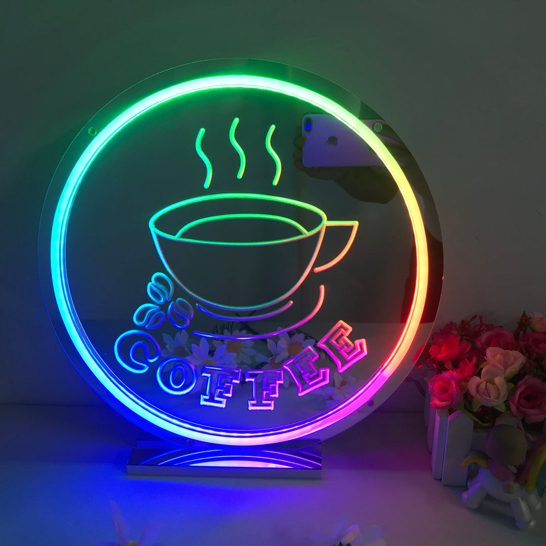"Coffee Cup, Dreamy Color Changing" Mirror Neon Sign