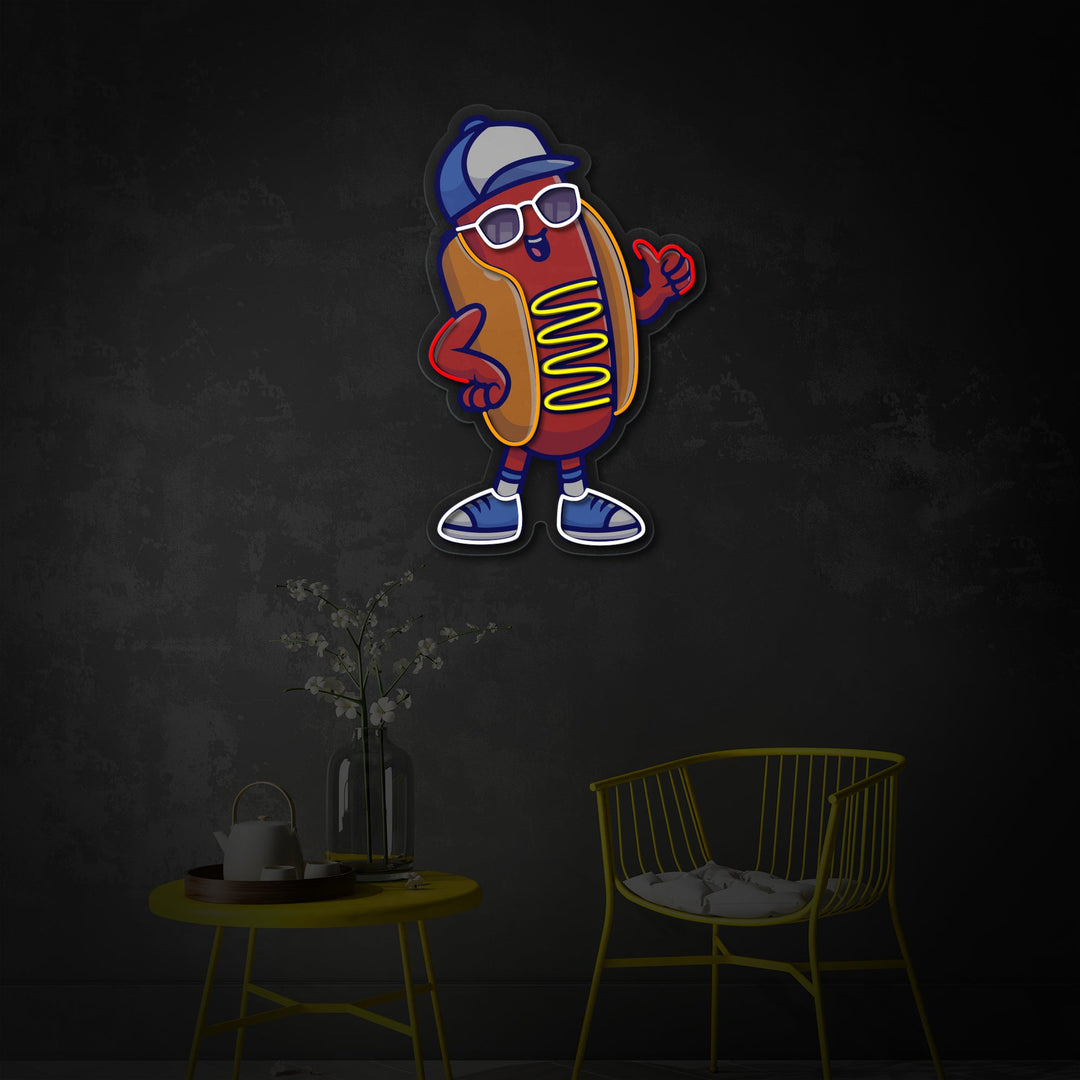 "Cool Hotdog Wearing Glasses And Hat, Food, Restaurant" UV Print LED Neon Sign