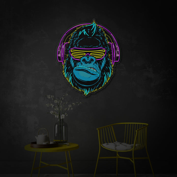 "Cyberpunk Monkey With Headphone, Game Room Decor" UV Print LED Neon Sign