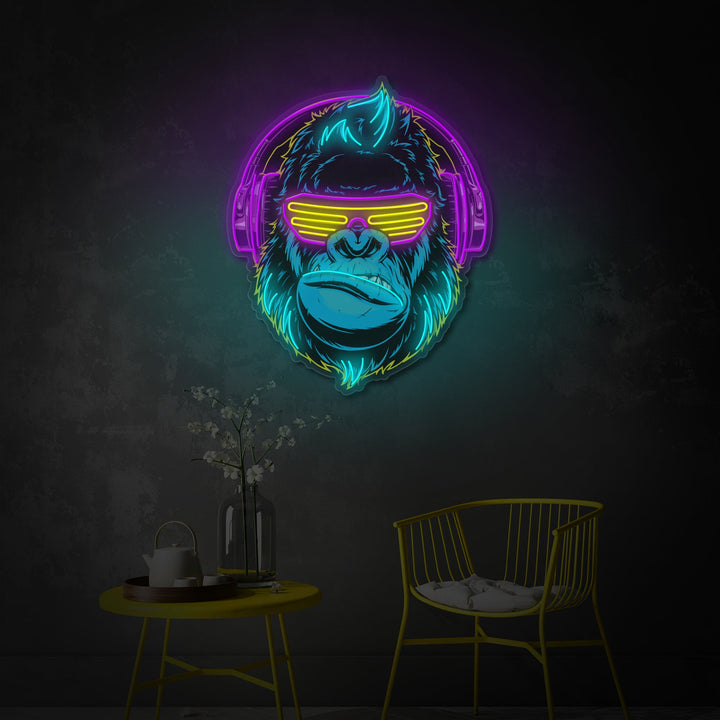 "Cyberpunk Monkey With Headphone, Game Room Decor" UV Print LED Neon Sign