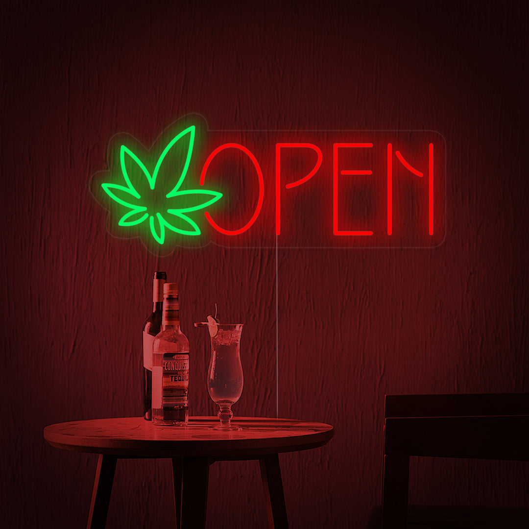 "Dispensary Marijuana Leaf Open" Neon Sign