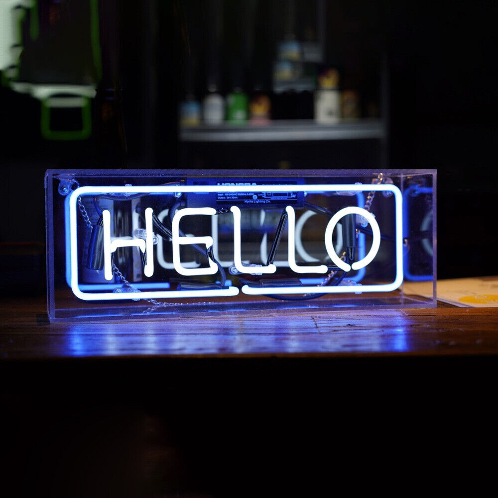 "Hello" Acrylic Box Neon Sign, Glass Neon Sign, Table Neon Sign