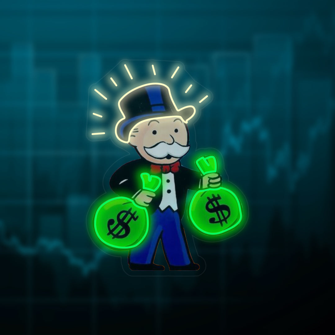 Monopoly Man with Money Bag Neon Sign