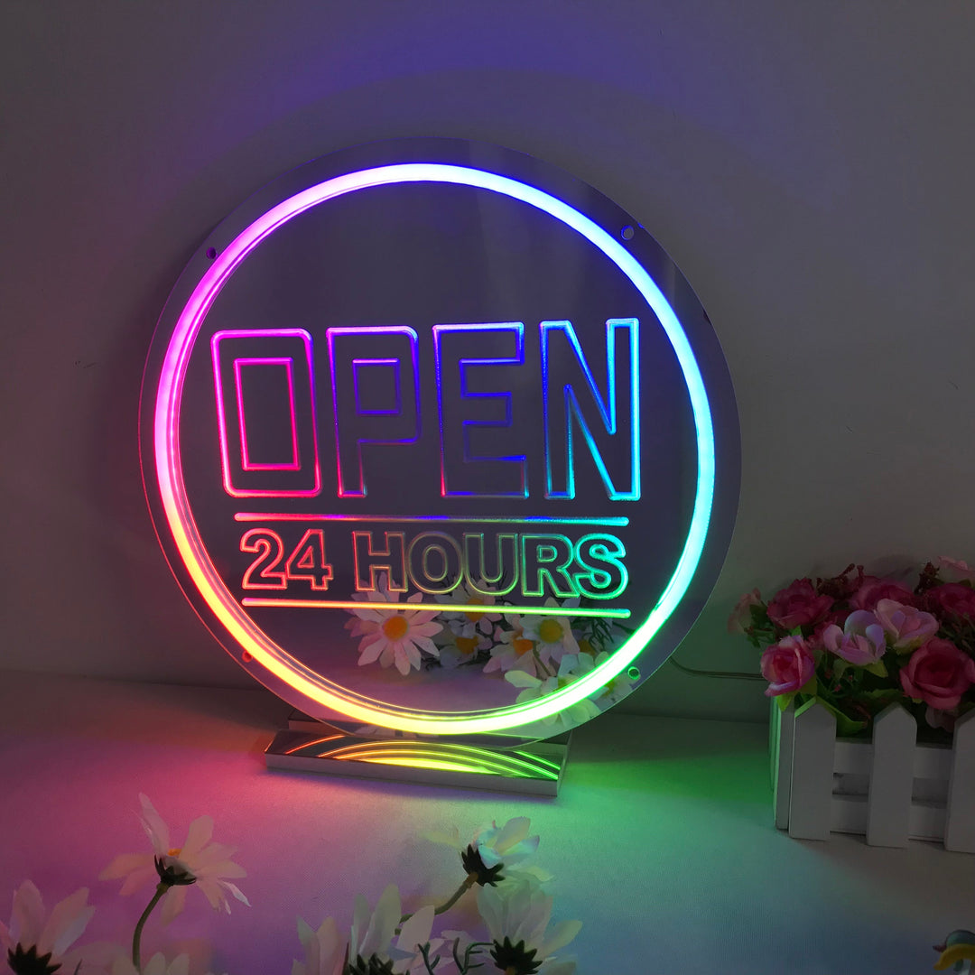 "Open 24 Hours, Dreamy Color Changing" Mirror Neon Sign