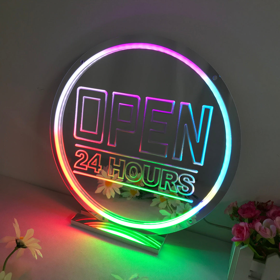 "Open 24 Hours, Dreamy Color Changing" Mirror Neon Sign