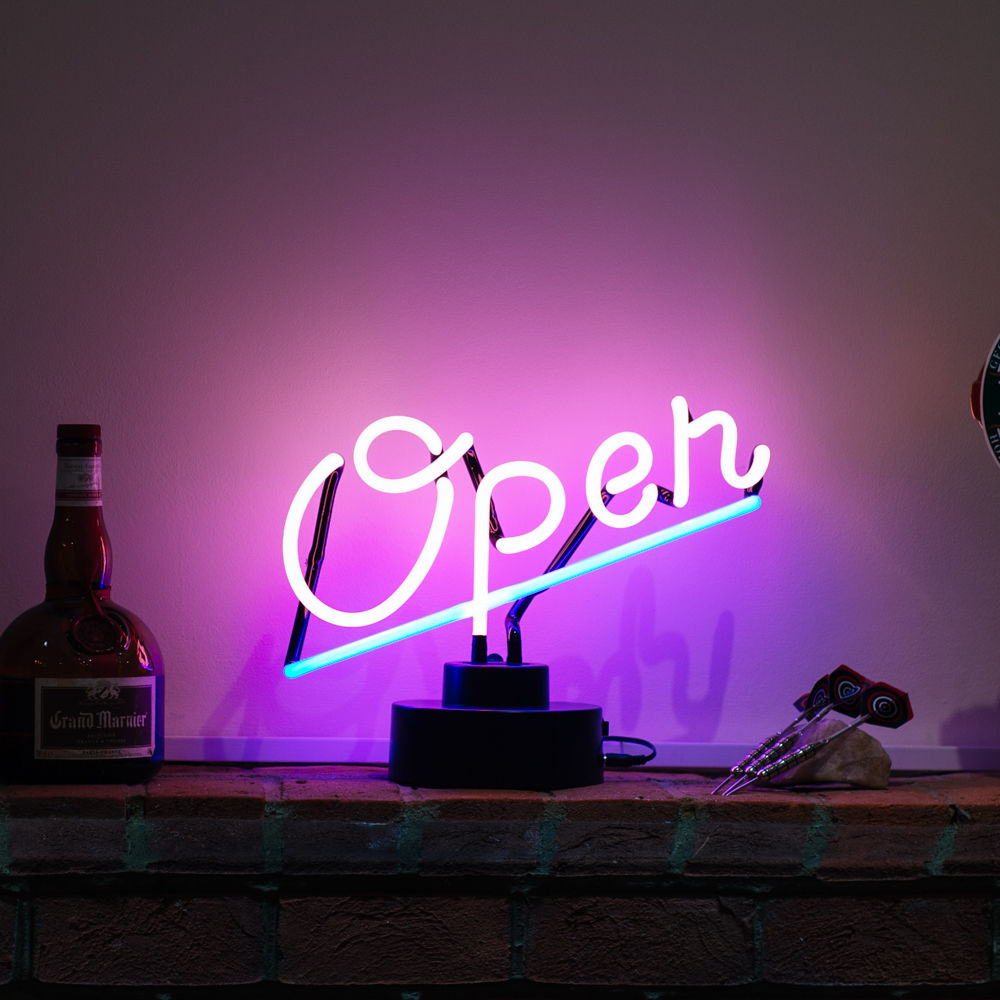 "Open Pink" Table Neon Sign, Glass Neon Sign