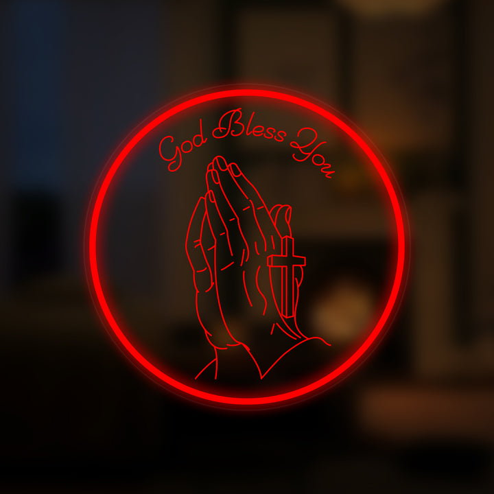 "Prayer Hand With Cross" Mini Neon Sign