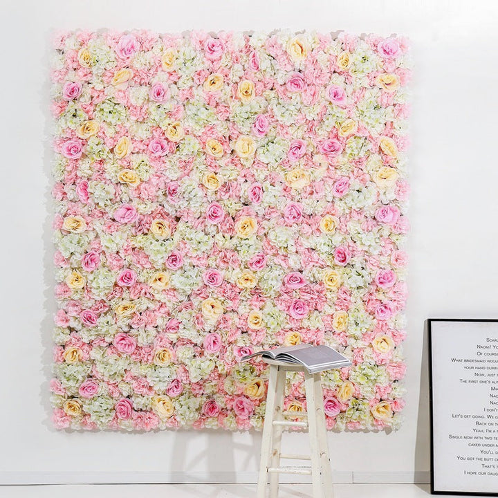 Pink and Champagne and Yellow Rose Flowers Wall, Artificial Flowers Backdrop