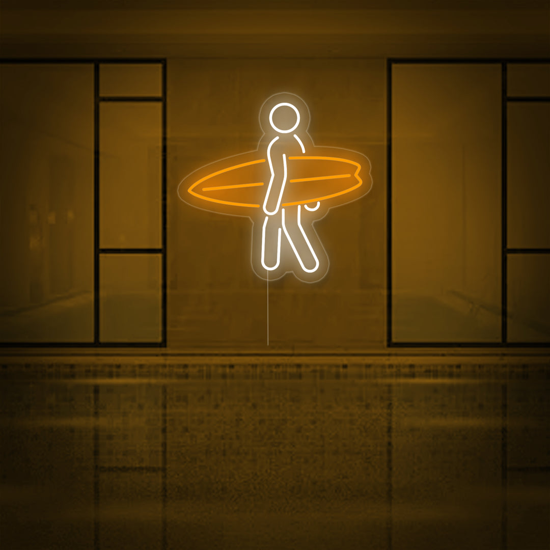 Stick Man Carrying Surfboard Surfing Sport Neon Sign