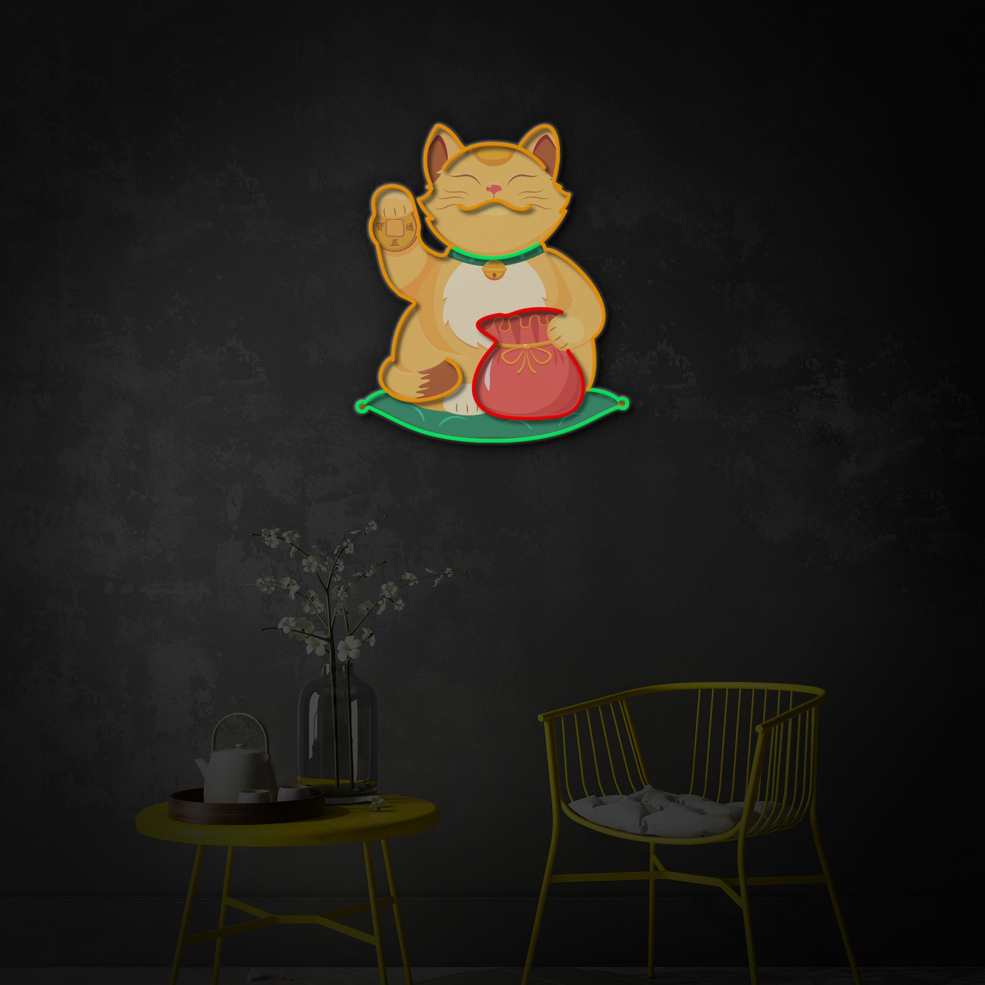"Lucky Cat, Wealth Cat" LED Neon Sign 2.0, Luminous UV Printed