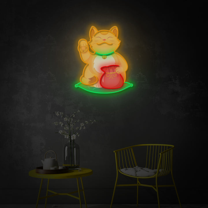 "Lucky Cat, Wealth Cat" LED Neon Sign 2.0, Luminous UV Printed