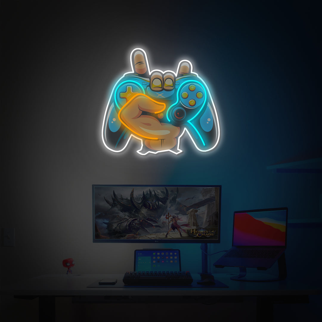 "Rock Holding Controller", Game Room Decor, LED Neon Sign 2.0, Luminous UV Printed