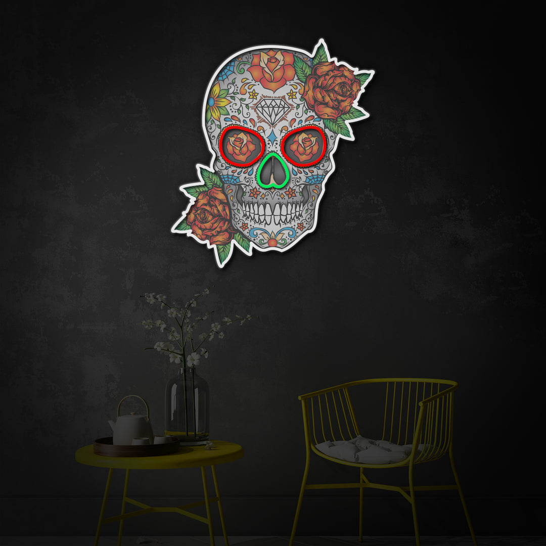 "Sugar Skull Flowers", Room Decor, Neon Wall Art, LED Neon Sign 2.0, Luminous UV Printed