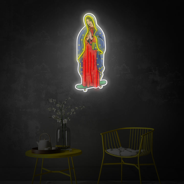 "Virgin Guadalupe Skateboard Virgin Mary", Room Décor, Neon Wall Art, LED Neon Sign 2.0, Luminous UV Printed